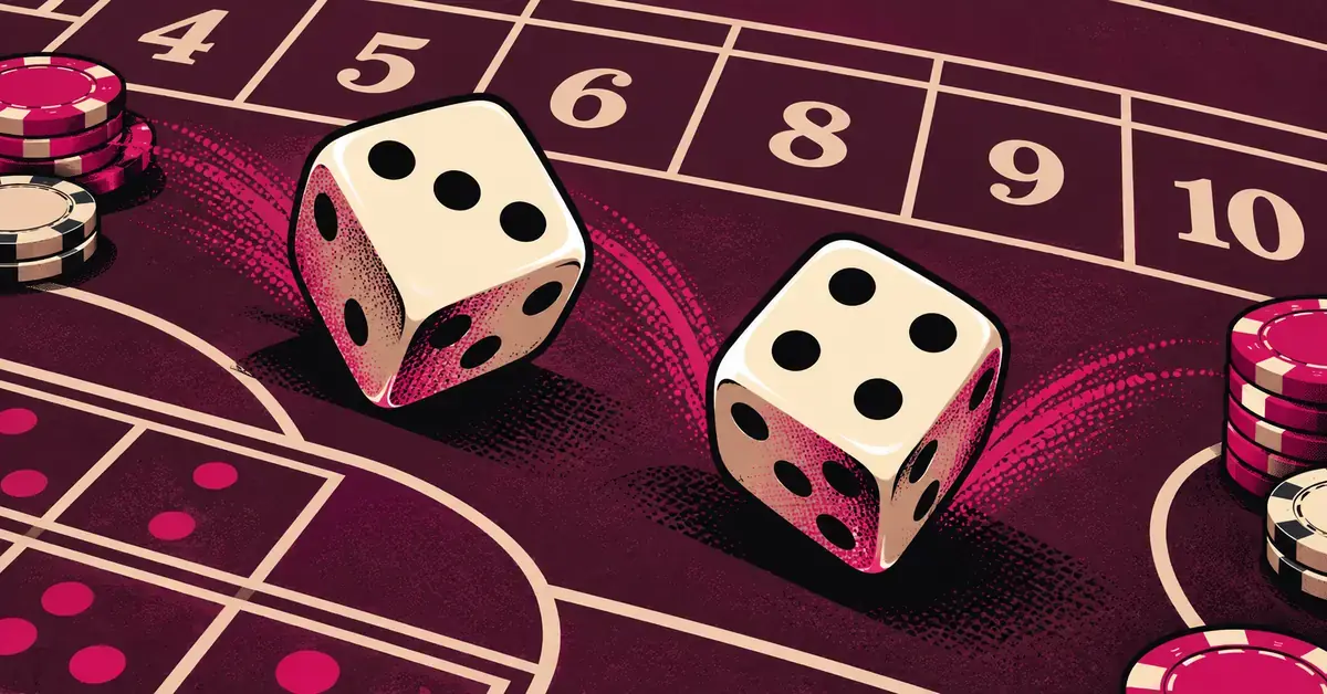 Pop art -kuvituksessa kaksi noppaa pomppaa violetilla craps-pöydällä panosruutujen ja pinkkien pelimerkkien keskellä.