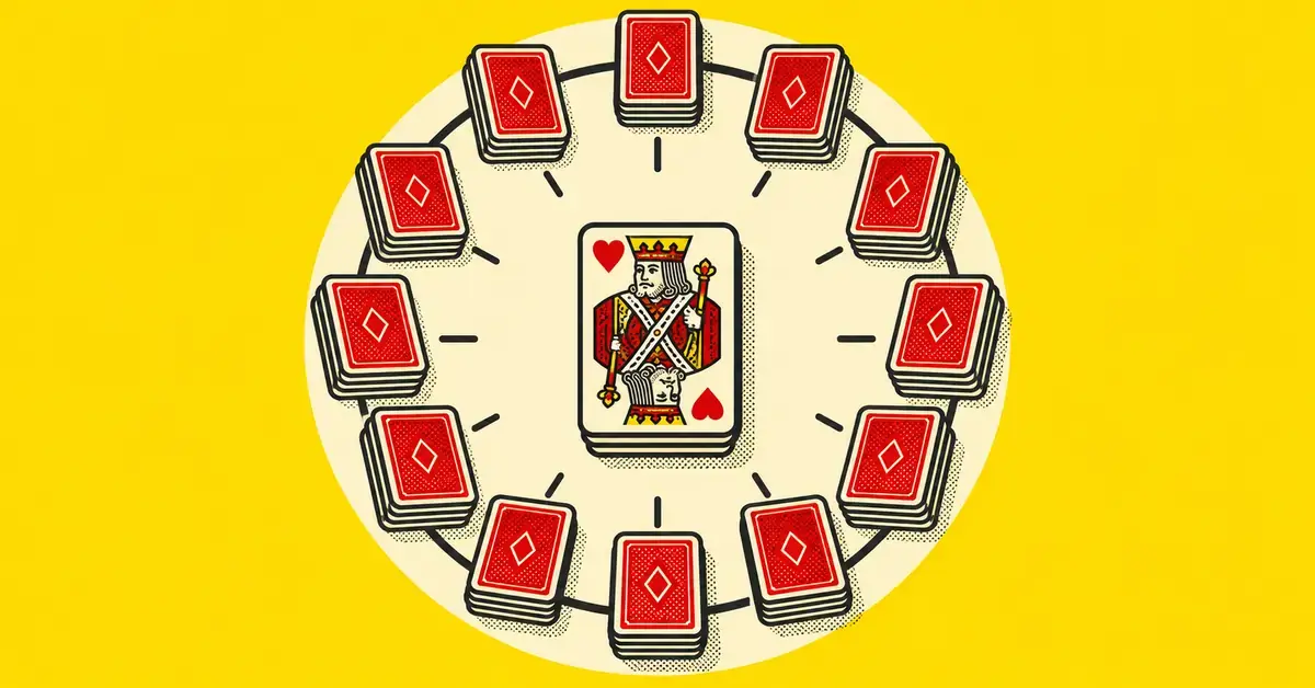 Pop-taidetyylinen kuvitus kellopasianssista, jossa kaksitoista korttipinoa muodostaa kellotaulun ja keskellä on herttakuningas keltaisella taustalla.