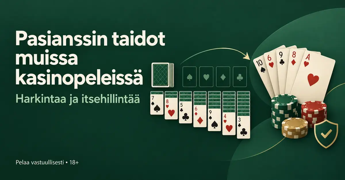 Pasianssikortit, pelikorttiviuhka ja pelimerkit havainnollistavat pasianssissa opittujen taitojen hyödyntämistä muissa kasinopeleissä sekä harkinnan ja itsehillinnän merkitystä.