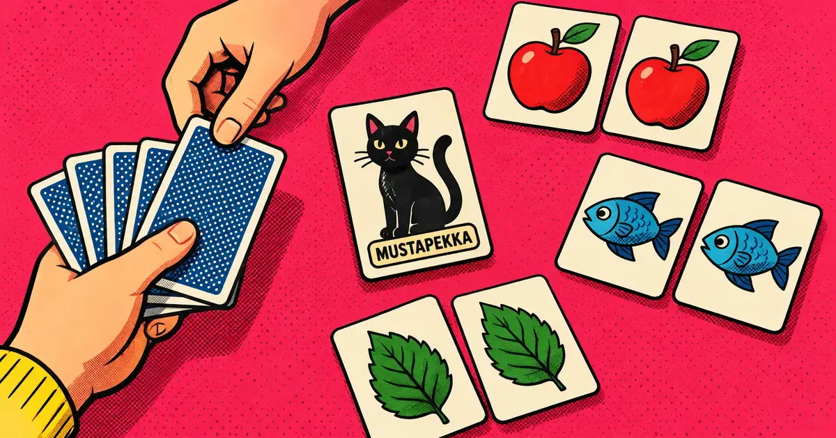 Pop art -kuvituksessa pelaaja nostaa korttia toisen kädestä, ja pöydällä on kolme kuvakorttiparia sekä yksinäinen mustaa kissaa esittävä Mustapekka-kortti.