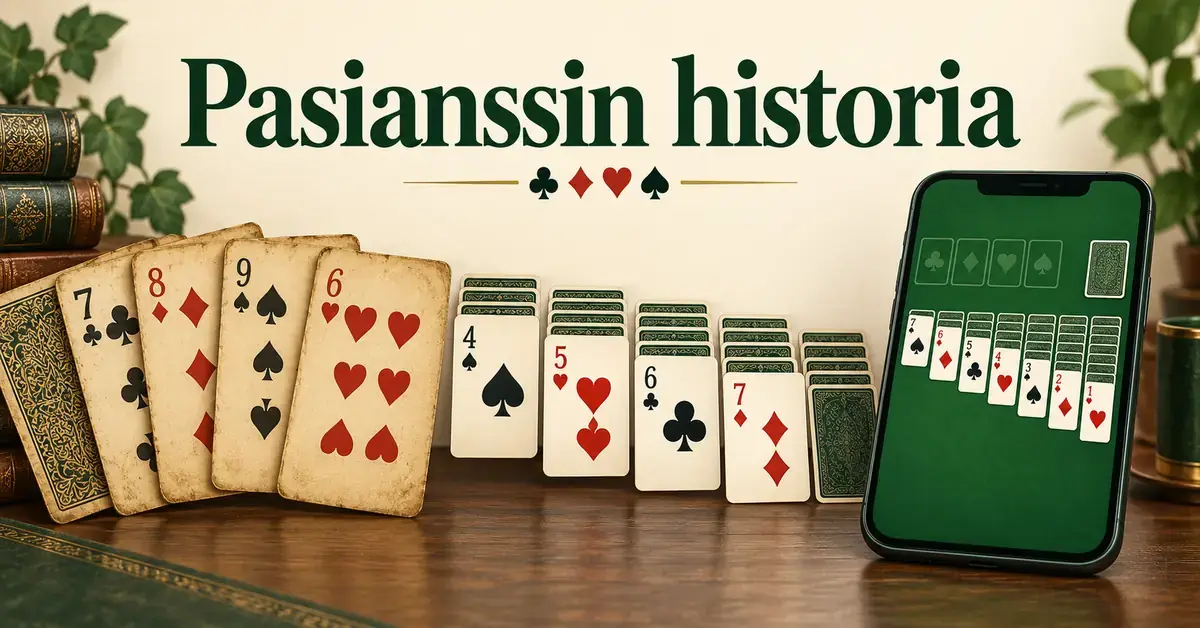 Vanhat pelikortit, pöydälle aseteltu pasianssi ja puhelimen pasianssipeli havainnollistavat pelin historiaa otsikon ”Pasianssin historia” alla.